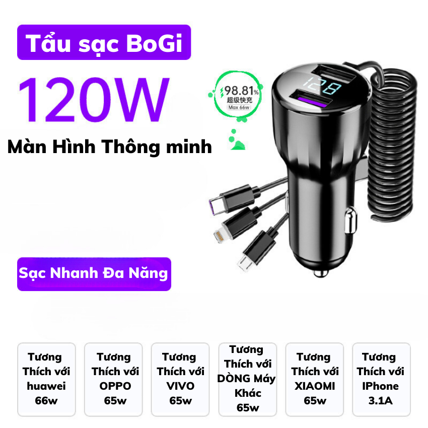 Tẩu Sạc Nhanh Ô Tô 66W DS-222 tích hợp dây sạc 3 đầu,hỗ trợ sạc nhanh Type-C 22.5W và QC4.0,Màn Hình Thông Minh
