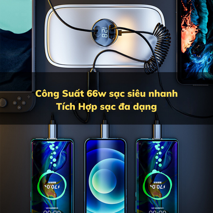 Tẩu Sạc Nhanh Ô Tô 66W DS-222 tích hợp dây sạc 3 đầu,hỗ trợ sạc nhanh Type-C 22.5W và QC4.0,Màn Hình Thông Minh