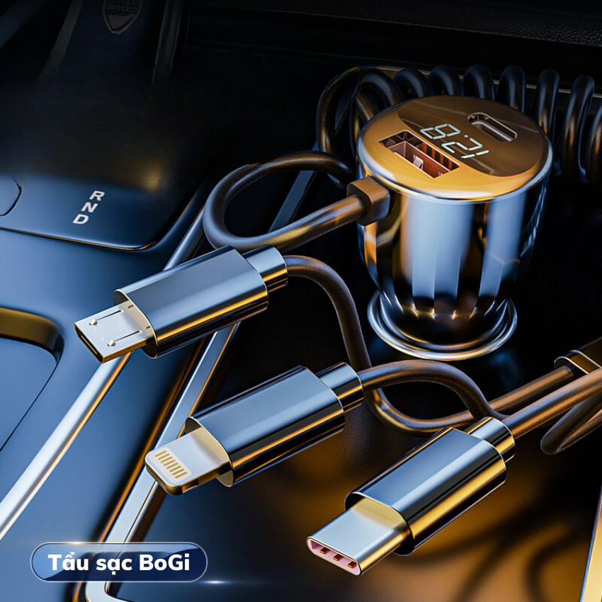 Tẩu Sạc Nhanh Ô Tô 66W DS-222 tích hợp dây sạc 3 đầu,hỗ trợ sạc nhanh Type-C 22.5W và QC4.0,Màn Hình Thông Minh