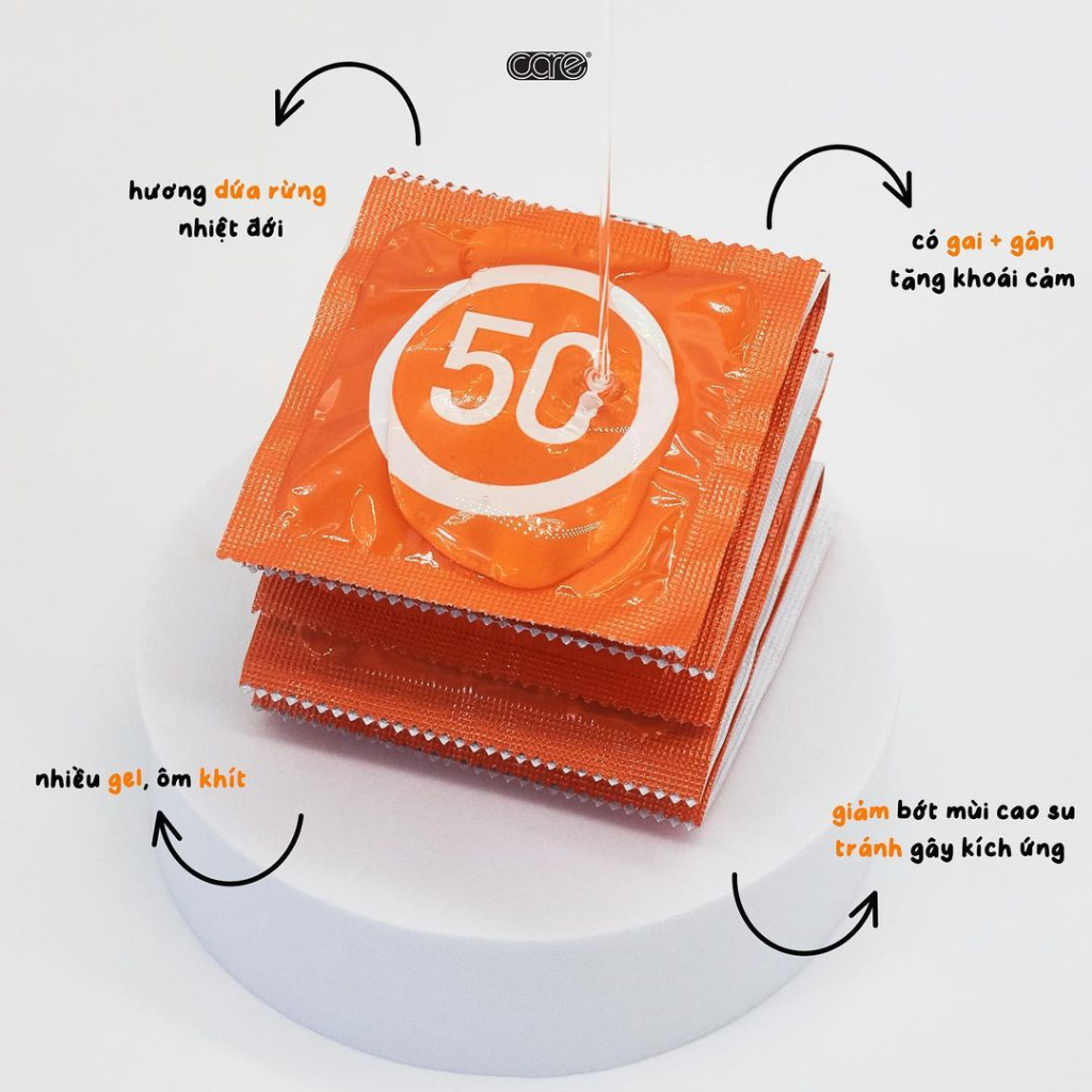 Bao Cao Su Gai Và Gân CARE 50 nhiều gel bôi trơn, mỏng hàng cao cấp, hương rừng nhiệt đới - Hộp 12 BCS có gai CARE LATEX