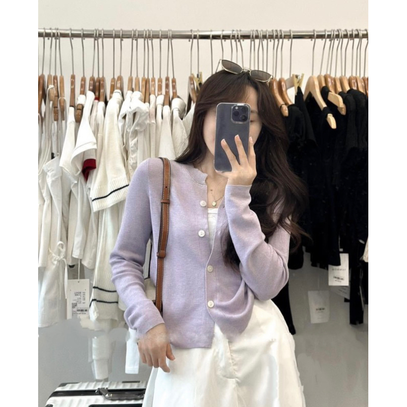 Áo khoác len mỏng phong cách Hàn Quốc thiết kế bo viền phối cúc nhẹ nhàng nữ tính