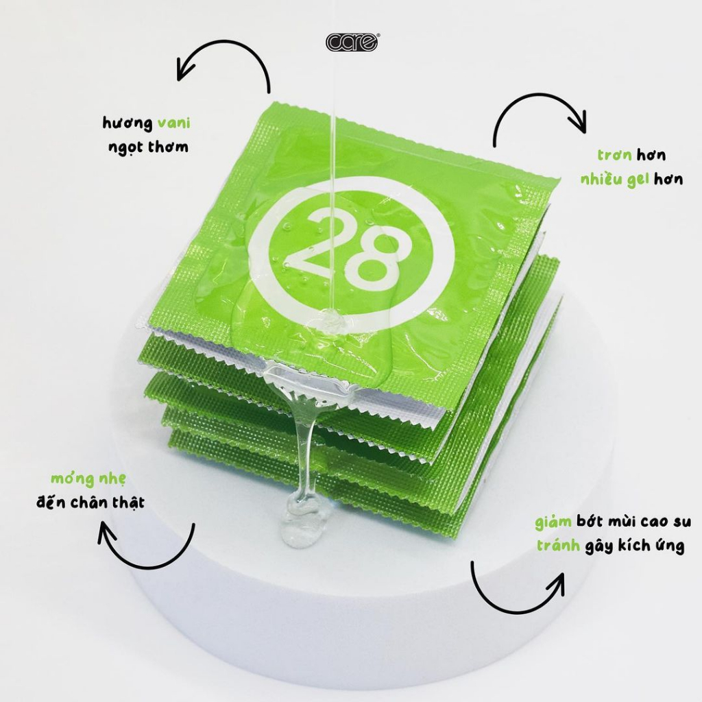 Bao cao su mỏng trơn truyền thống CARE 28, nhiều gel bôi trơn, kéo dài thời gian, hương vani - hộp 12 bcs sx malaysia