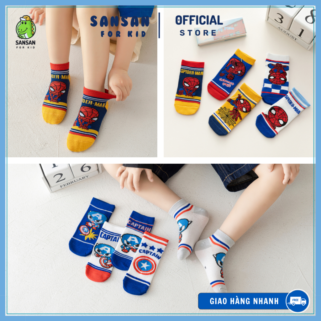 Bst các Set 5 đôi tất vớ ngắn cổ mùa hè cho bé, hình siêu nhân, pokemon, chất liệu vải lưới siêu thoáng