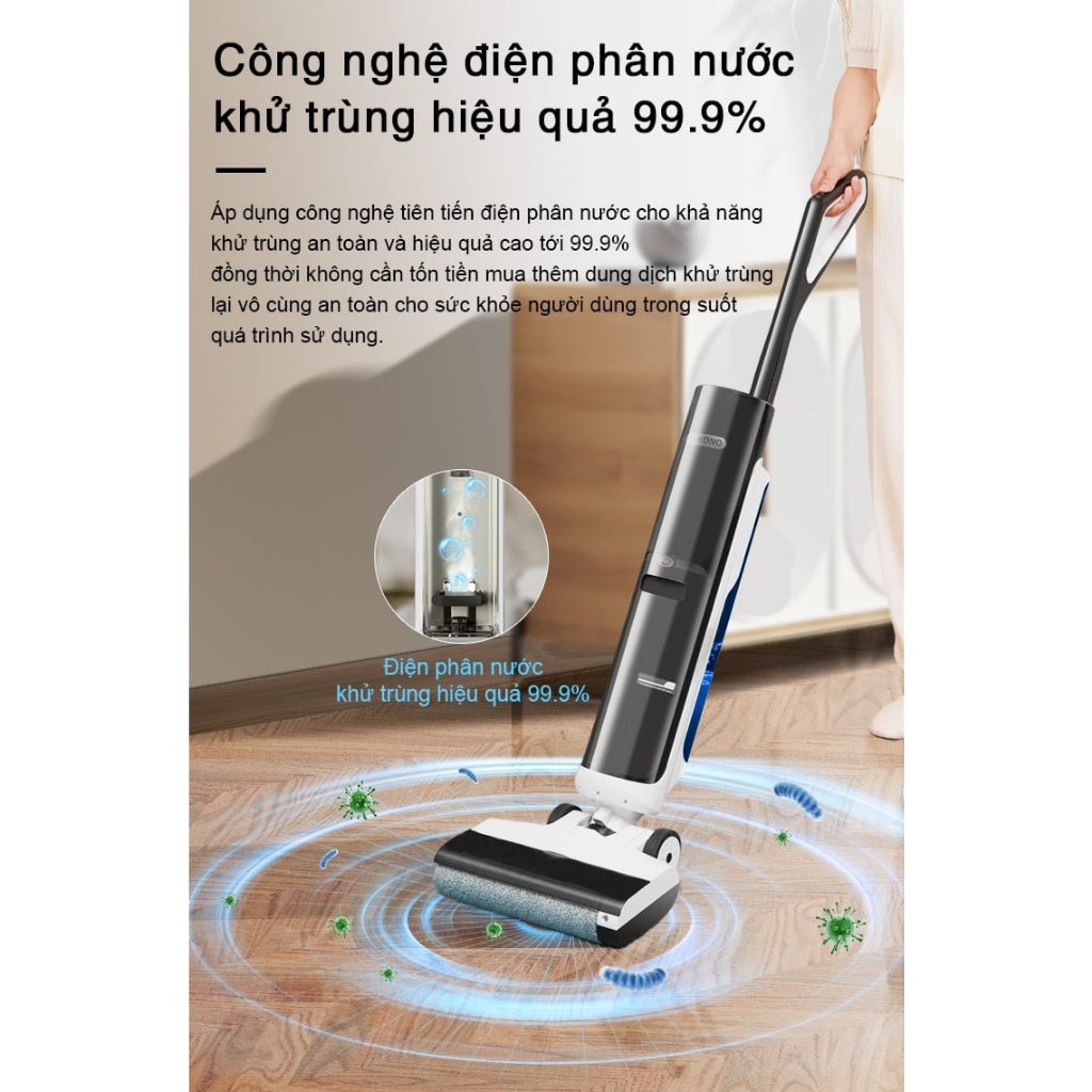 Máy lau sàn hút bụi ướt khô tràn viền không dây AKONO S5 pro -Tự làm sạch