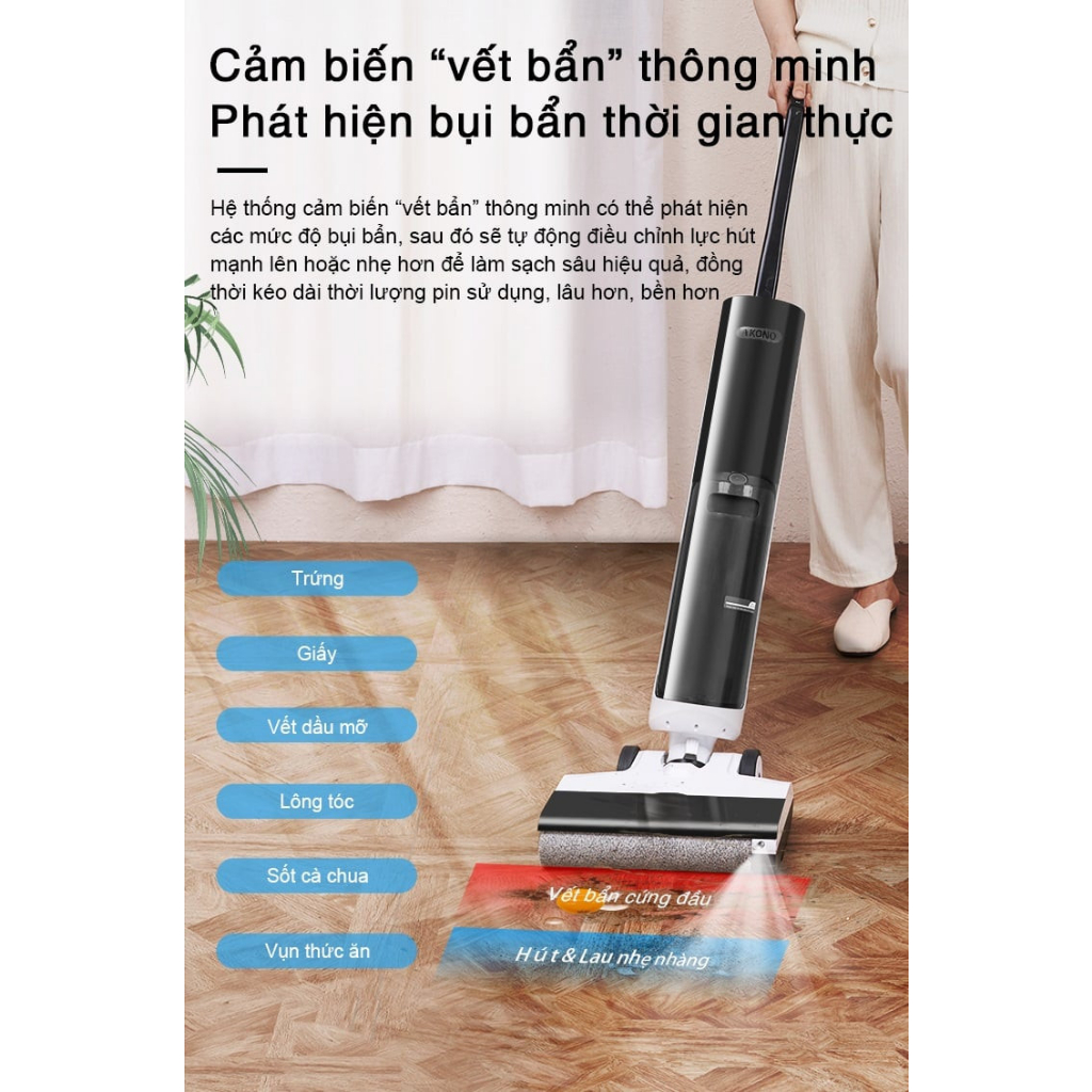 Máy lau sàn hút bụi ướt khô tràn viền không dây AKONO S5 pro -Tự làm sạch