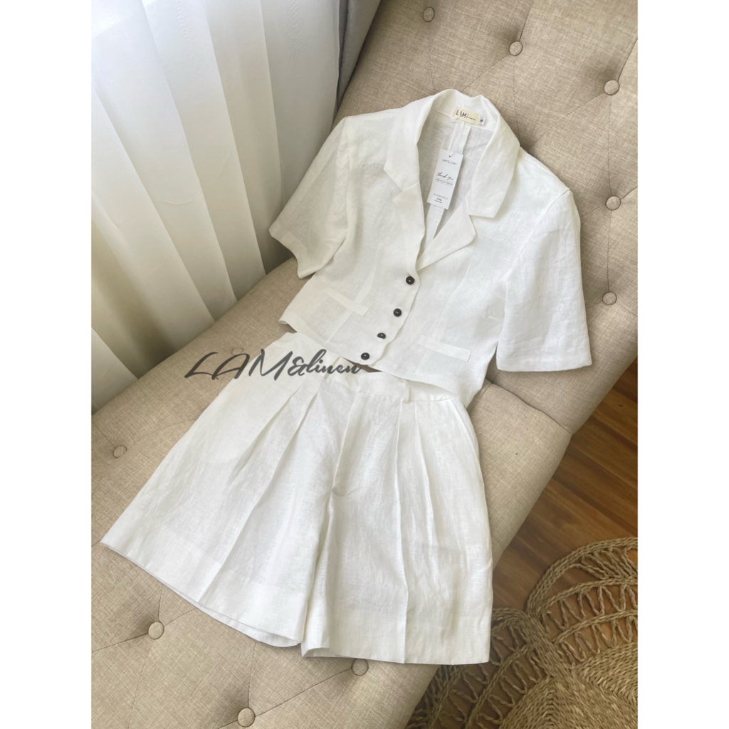 Áo Blazer vai độn và Quần short ngố- Linen Tưng Premium ( Màu Trắng)