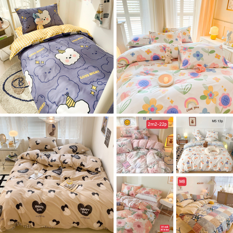 (Thanh lý xả kho, Gửi ngẫu nhiên) Set 4 món vỏ chăn ga gối cotton living Mịn Decor, bộ drap giường vỏ chăn cotton 100%