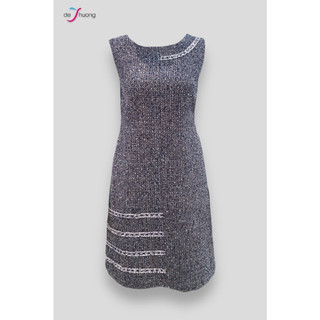 [ Chính hãng ] Đầm nữ suôn túi đắp 1 bên, lai ren xù - xanh đá - tweed - DE THUONG