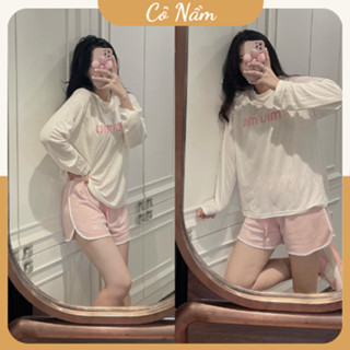Set Bộ Đồ Thu Đông Nữ Áo Phông Dài Tay Cotton Giấy MiuMiu Màu Trắng Mix Quần Sooc Đùi Màu Hồng Chạy Rót Viền Trắng