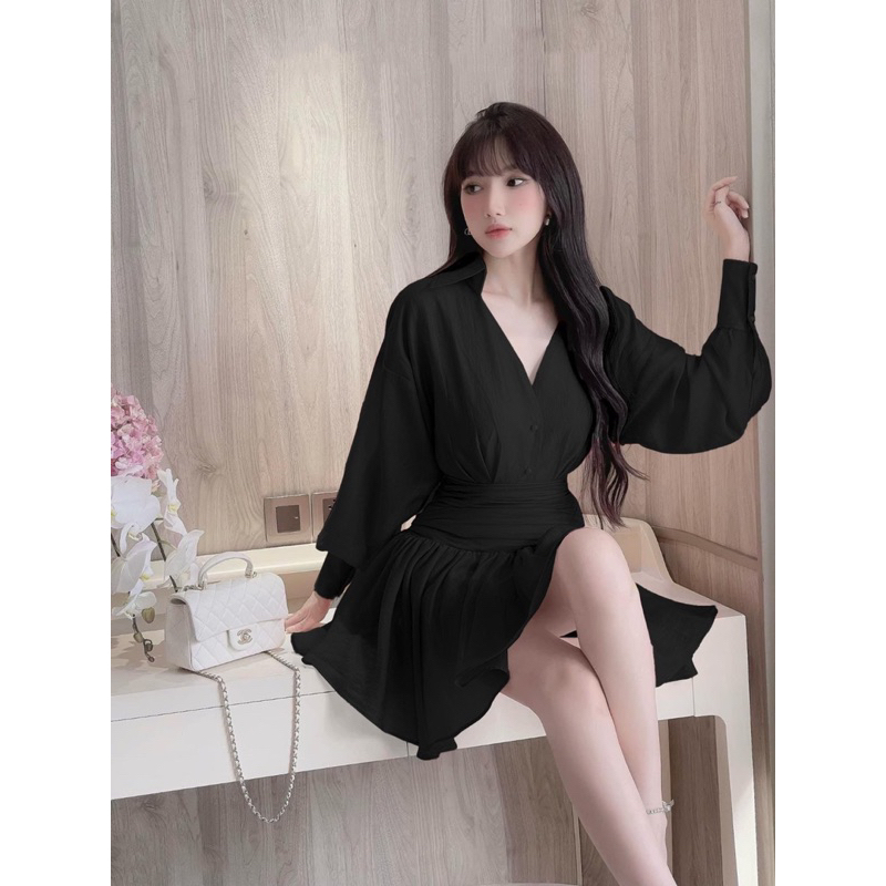 Váy Sơ Mi Xếp Li Eo Ba Màu Đen Trắng Hồng
