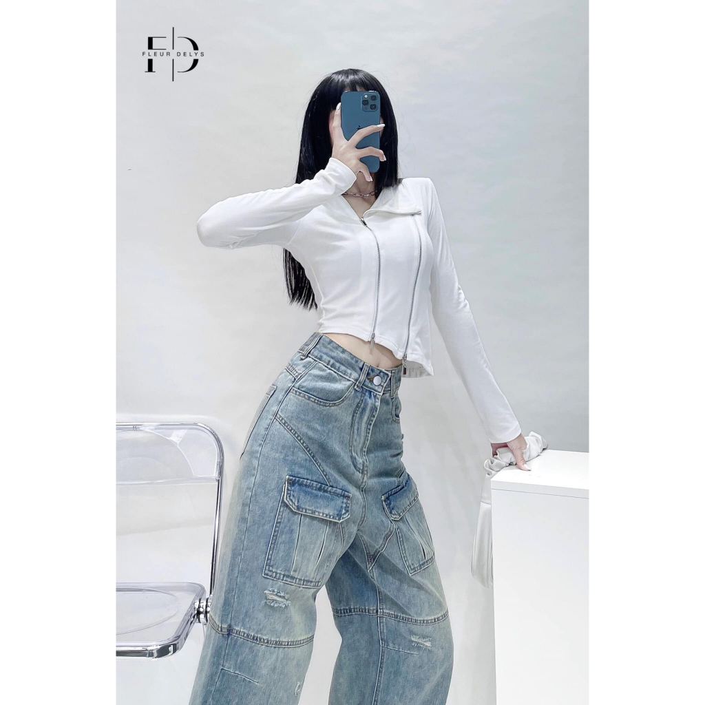 Áo croptop dài tay nữ Delys AK0011 phối khoá vạt chéo 2 bên ôm body cá tính
