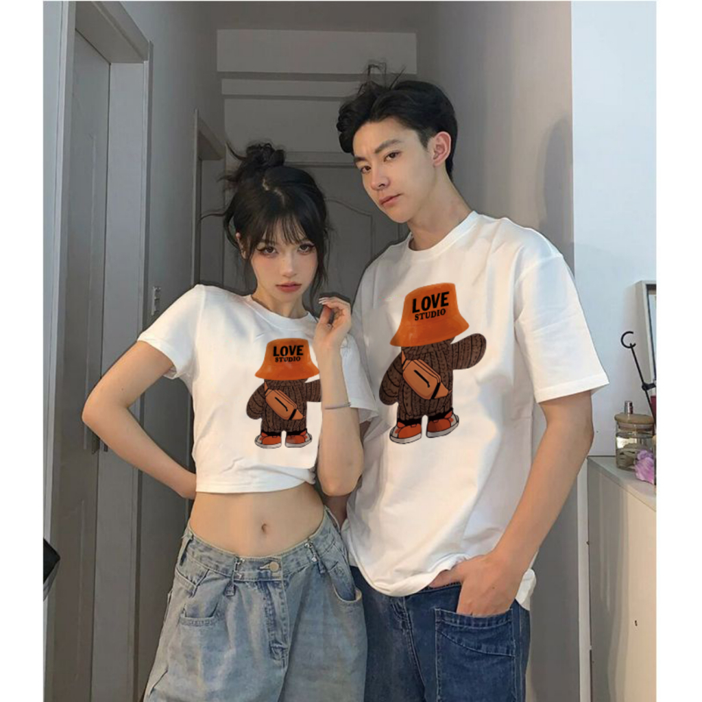 Cặp Áo Thun Đôi Nam Nữ In 5D Gấu Nâu, Cặp Aó Đôi Unisex Tay Lỡ From Rộng Và Áo Croptop Baby Tee 100% Cotton Thoáng Mát
