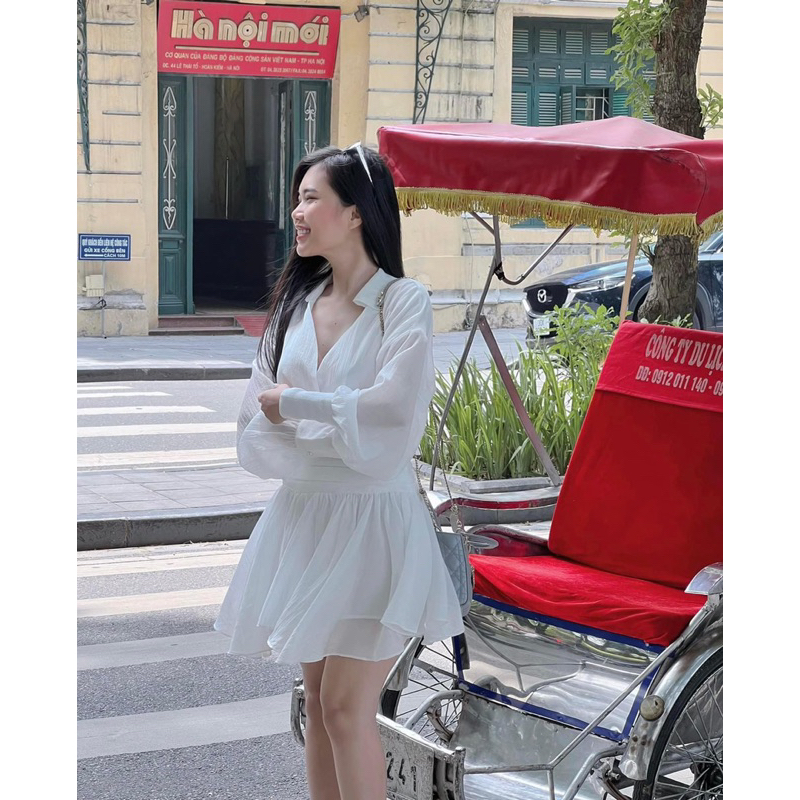 Váy Sơ Mi Xếp Li Eo Ba Màu Đen Trắng Hồng