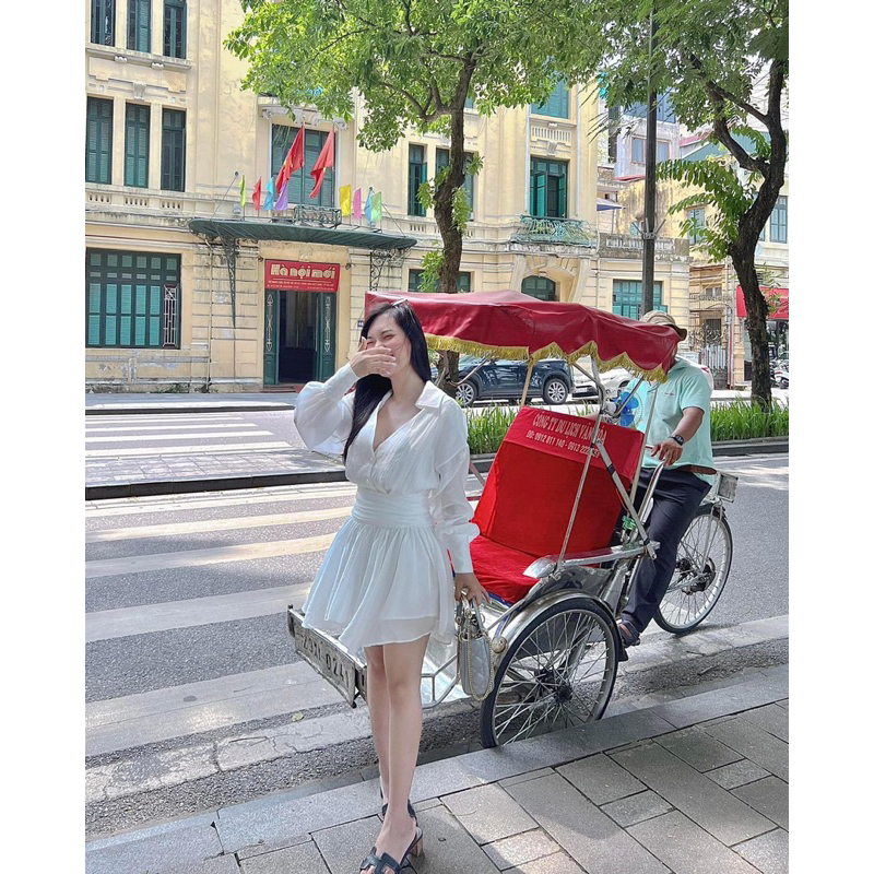 Váy Sơ Mi Xếp Li Eo Ba Màu Đen Trắng Hồng
