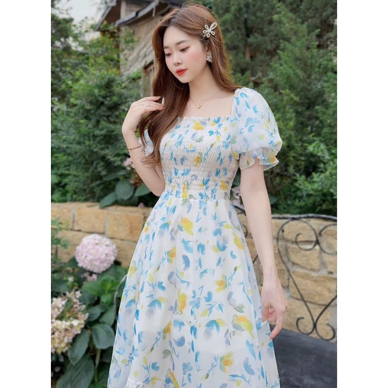 Đầm xoè voan hoa TRIPBLE T DRESS có dún thân trên co dãn - Free size