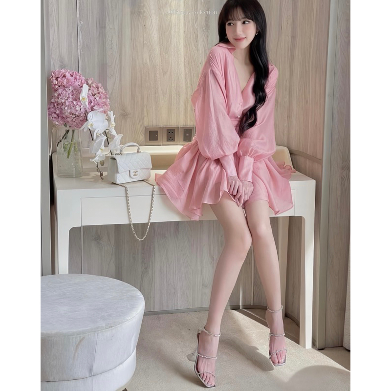 Váy Sơ Mi Xếp Li Eo Ba Màu Đen Trắng Hồng