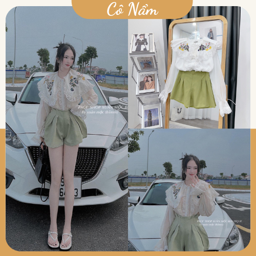 Set Váy Nữ 3 Món Áo Kiểu Bèo Ren Dài Tay Cổ Thêu Hoa Mix Chân Váy Quần Sooc Đùi Màu Xanh Cốm