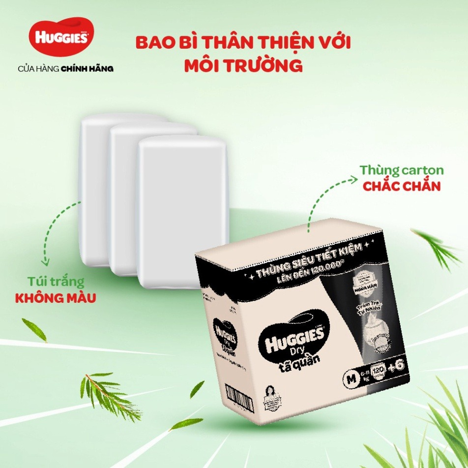 Tã quần Huggies Dry Tràm Trà Tự Nhiên MEGA JUMBO M120+6 / L108+6 / XL96 / XXL84 miếng