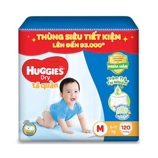 Tã quần Huggies Dry Tràm Trà Tự Nhiên MEGA JUMBO M120+6 / L108+6 / XL96 / XXL84 miếng