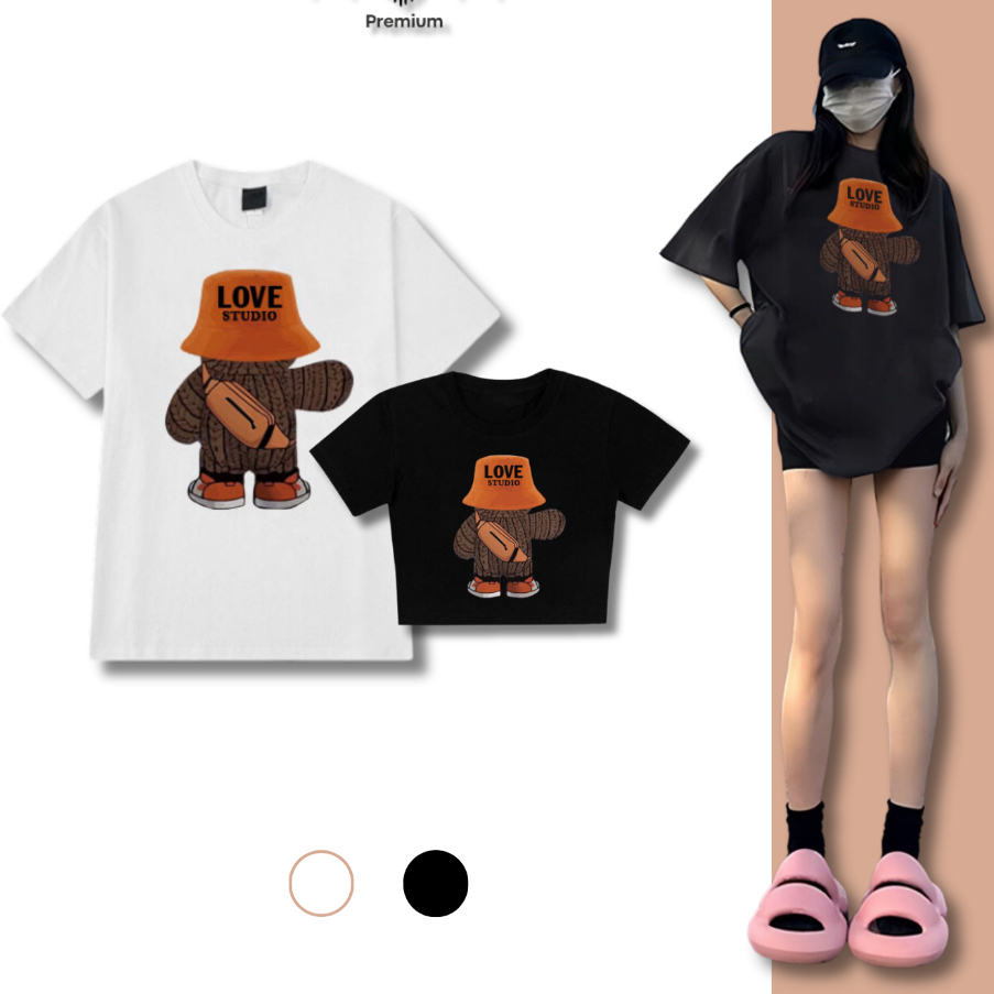 Cặp Áo Thun Đôi Nam Nữ In 5D Gấu Nâu, Cặp Aó Đôi Unisex Tay Lỡ From Rộng Và Áo Croptop Baby Tee 100% Cotton Thoáng Mát