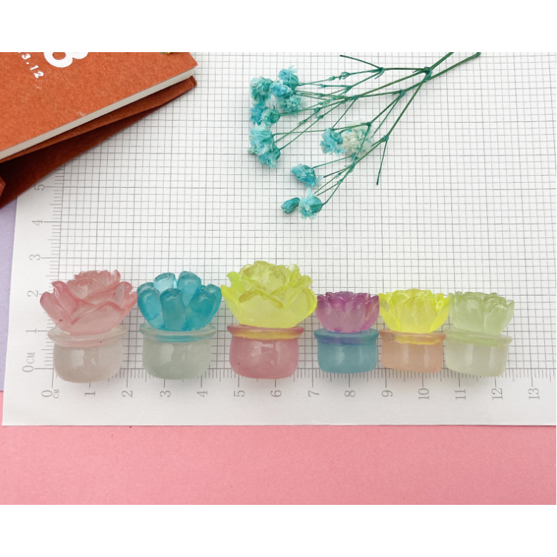 Mô hình chậu sen đá nhỏ dạ quang nhiều màu phát sáng trang trí nhà búp bê, DIY