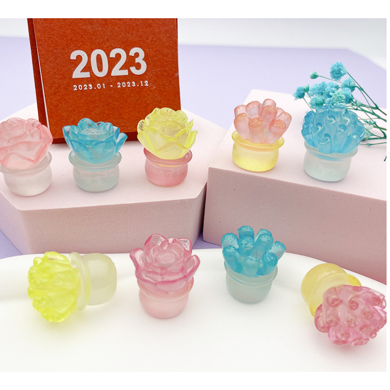 Mô hình chậu sen đá nhỏ dạ quang nhiều màu phát sáng trang trí nhà búp bê, DIY