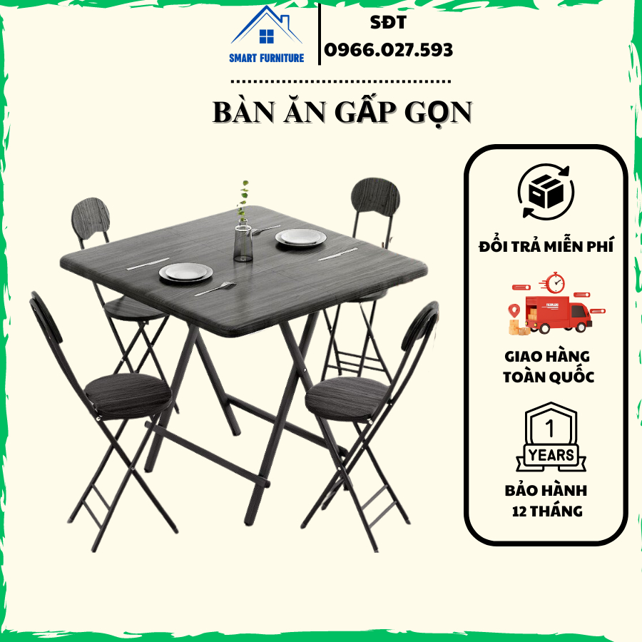 Bộ bàn ăn gấp gọn thông minh, bộ bàn ăn 2-4-6 ghế đa dạng về kích thước và màu sắc, chân thép chắn chắn, mặt gỗ MDF