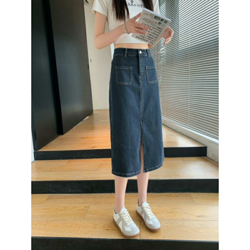 Chân Váy Jean Cạp Cao Dáng Dài Túi Hộp Xẻ Trước Trẻ Trung Năng Động R1