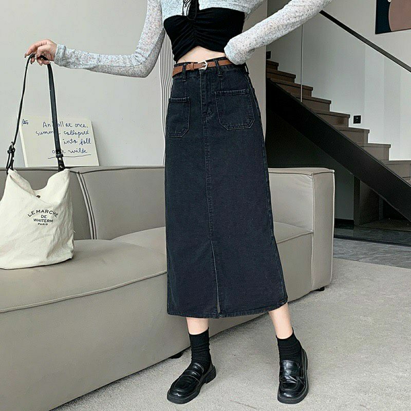Chân Váy Jean Cạp Cao Dáng Dài Túi Hộp Xẻ Trước Trẻ Trung Năng Động R2