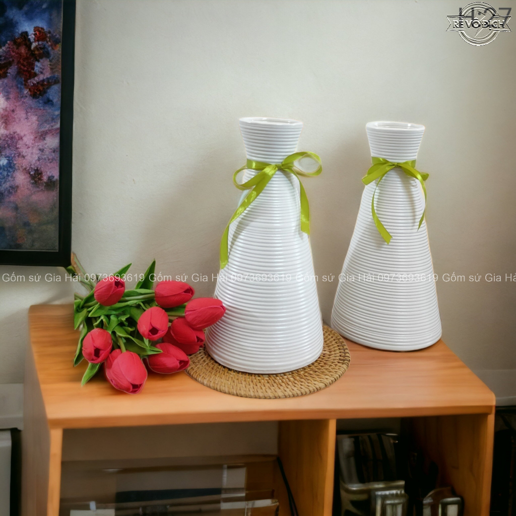 Bình hoa, lọ cắm hoa gốm sứ Bát Tràng men ganh dáng bó mạ hoạ tiết vẽ tay