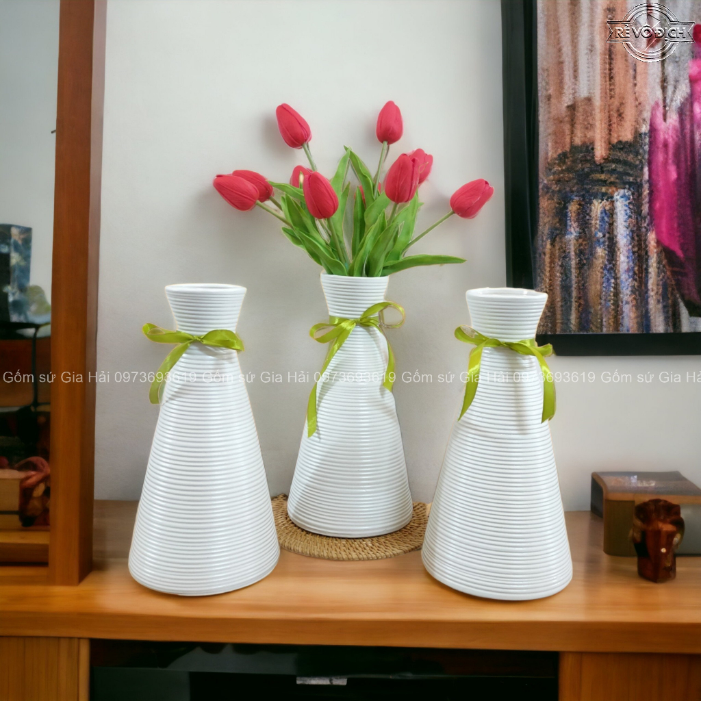 Bình hoa, lọ cắm hoa gốm sứ Bát Tràng men ganh dáng bó mạ hoạ tiết vẽ tay