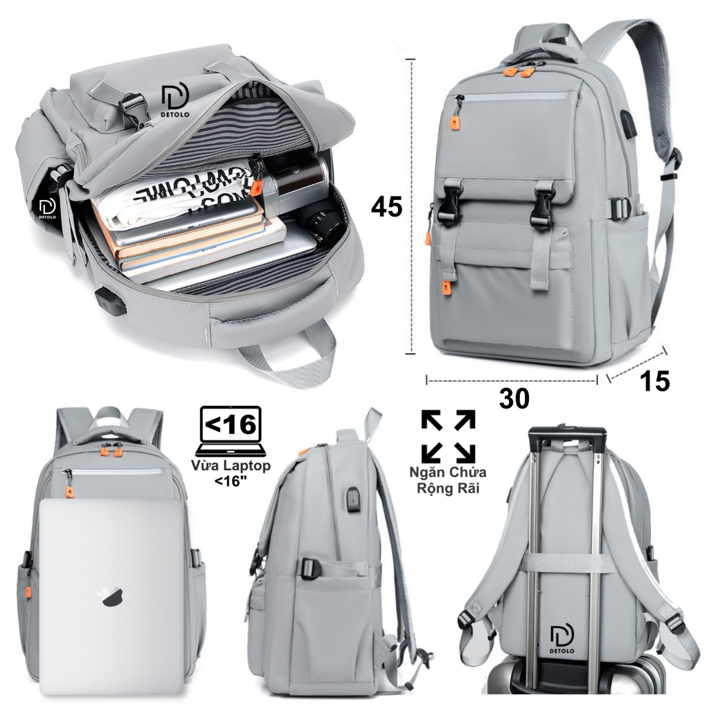 Balo Ulzzang đựng laptop 15,6in và 16in Balo nam nữ đi làm đi du lịch, balo đi học đi chơi đựng được quần áo DETOLO