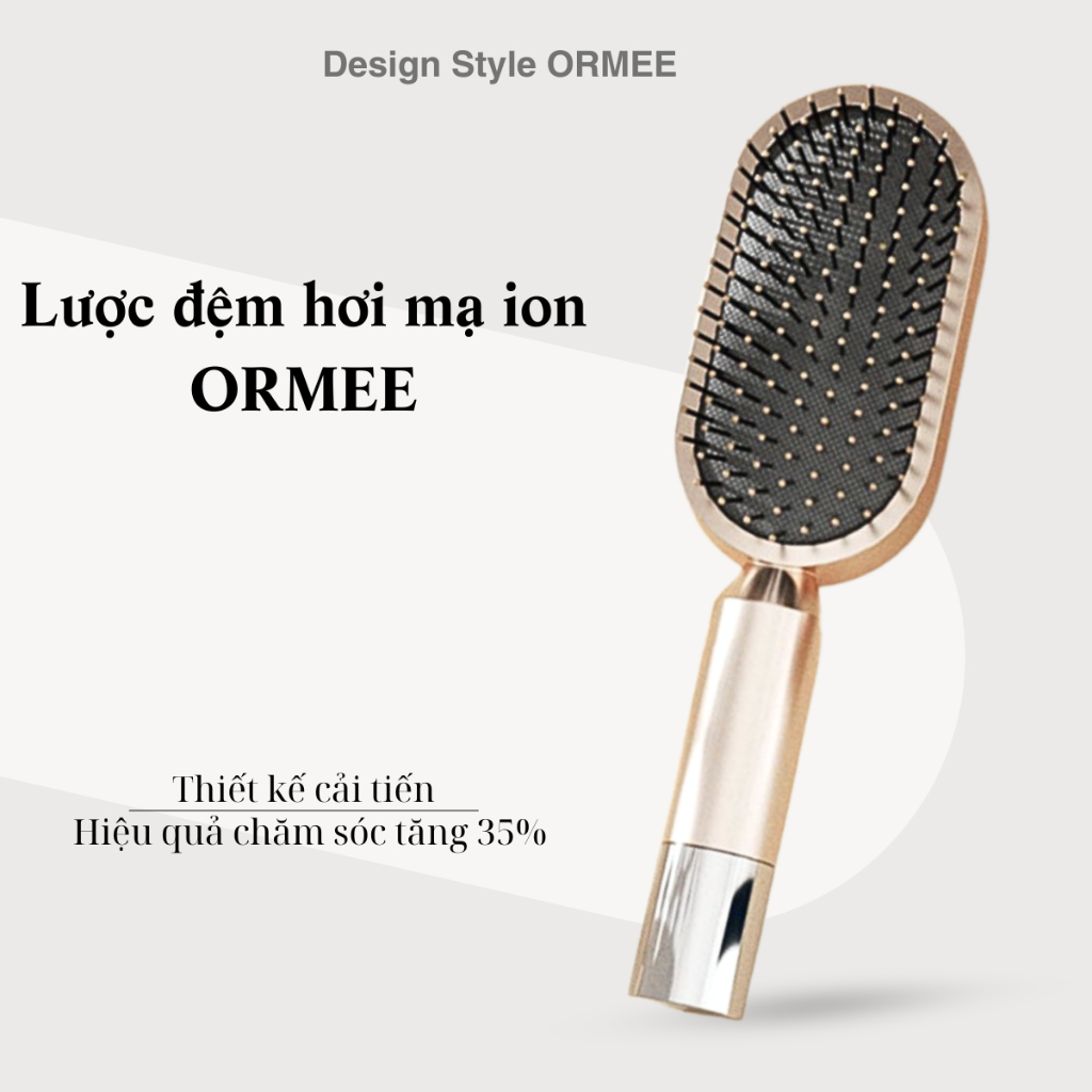 Lược đệm hơi mạ ION ORMEE cải tiến ngăn chứa và lỗ thoát nước, thích hợp dùng cho cả tóc khô và ướt, massage đầu êm ái