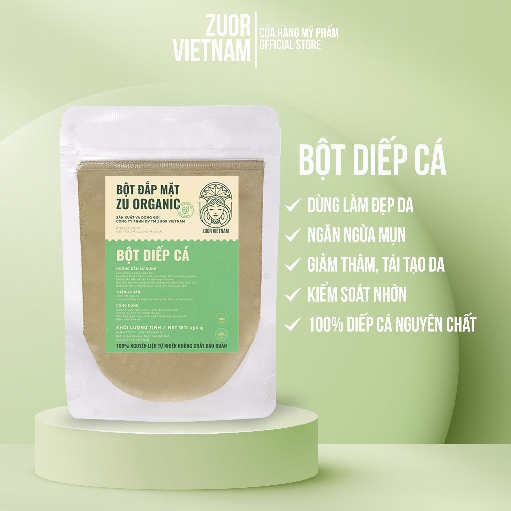 Bột Diếp Cá sấy lạnh 100% Organic , Mặt nạ diếp cá hữu cơ giảm mụn, trắng da, mờ thâm sạm Zu Cosmetics
