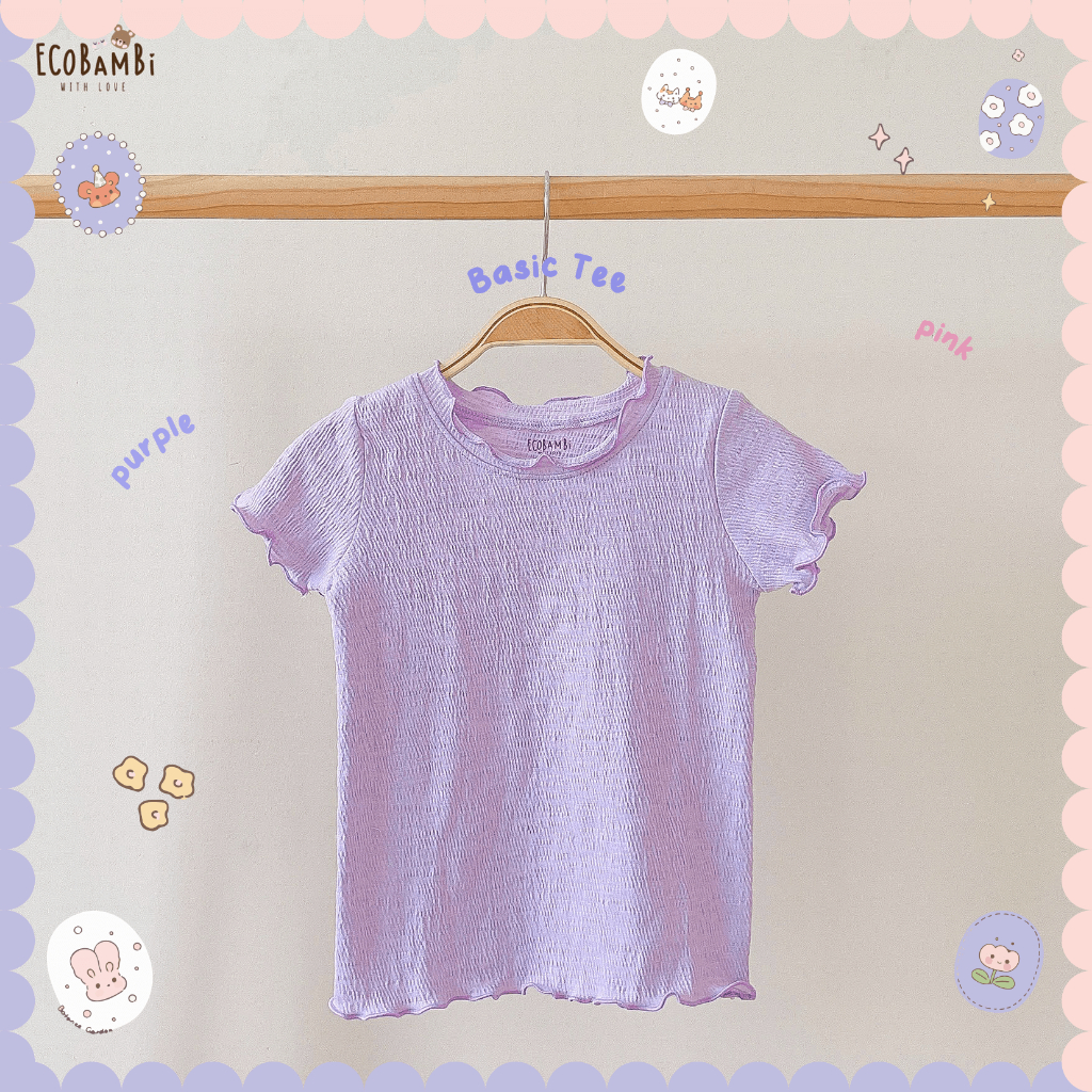 Áo thun tay ngắn, cổ bèo cotton gân Hàn bé gái ECOBAMBI