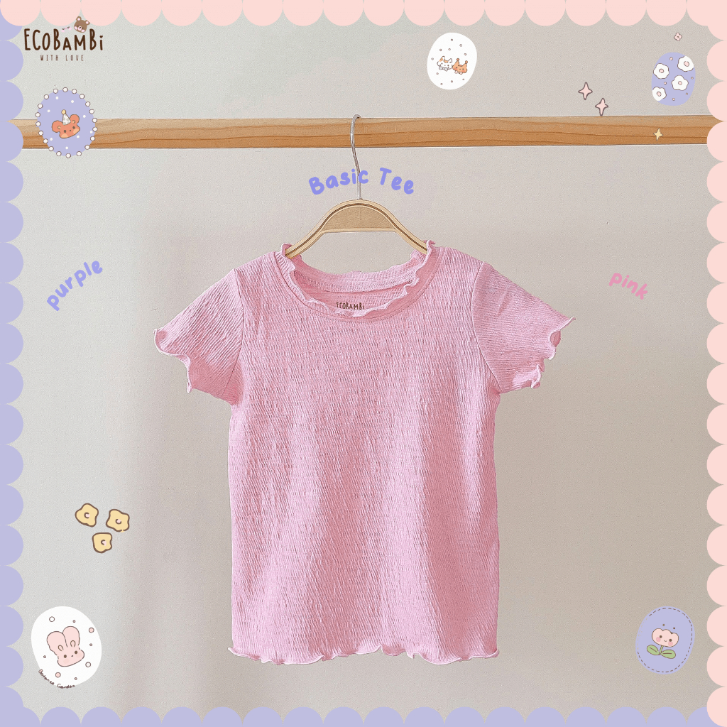 Áo thun tay ngắn, cổ bèo cotton gân Hàn bé gái ECOBAMBI