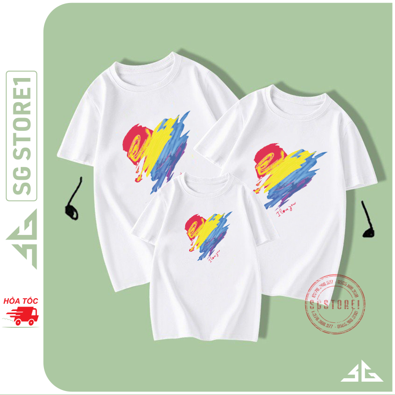 Áo gia đình hình trái tim nổi bật - Màu trắng chất thun cotton dày dặn - Làm đồ đồng phục nổi bật GD505 | SGSTORE1