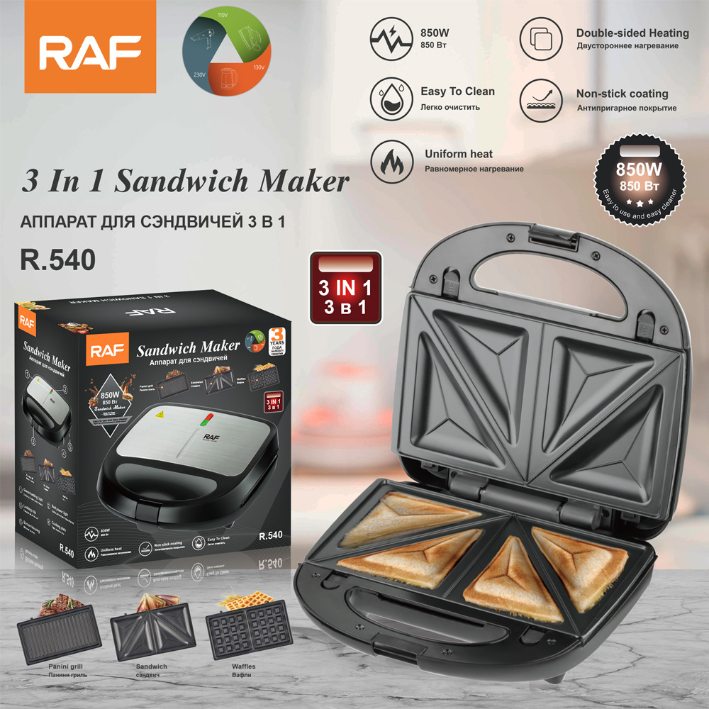 Máy kẹp bánh mì RAF R540 công suất 850W, 3 khay nướng đa năng, máy ép bánh mì, bánh waffle, sandwich