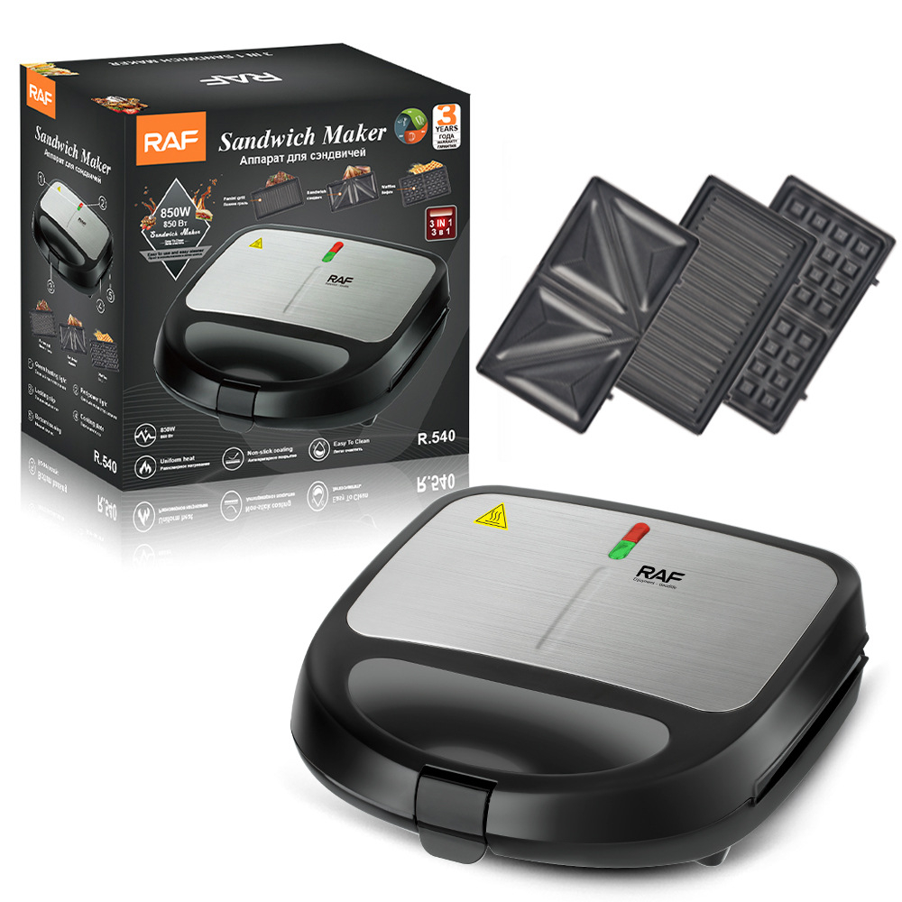Máy kẹp bánh mì RAF R540 công suất 850W, 3 khay nướng đa năng, máy ép bánh mì, bánh waffle, sandwich