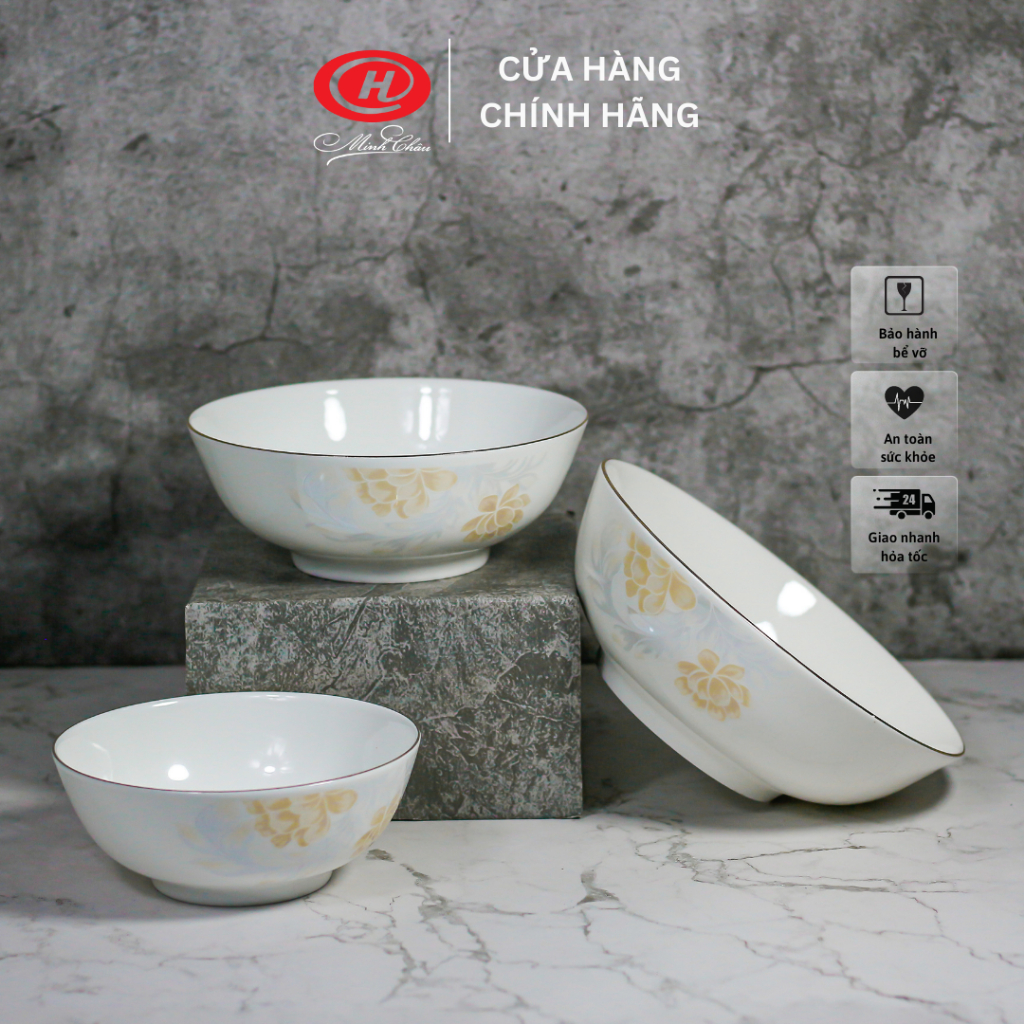 Bát tô sứ xương hoa kẻ vàng sứ Minh Châu - BoneHKV