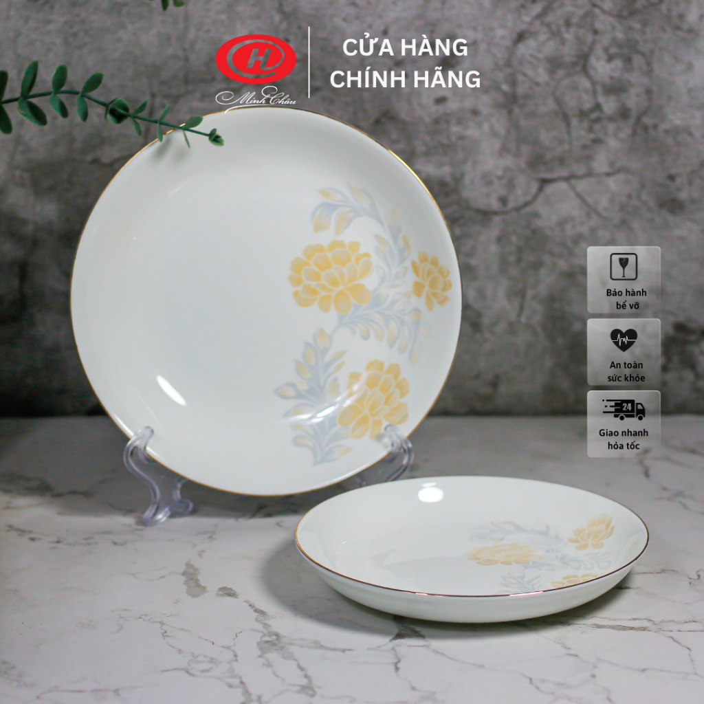Đĩa sâu lòng sứ xương hoa kẻ vàng sứ Minh Châu - BoneKVH