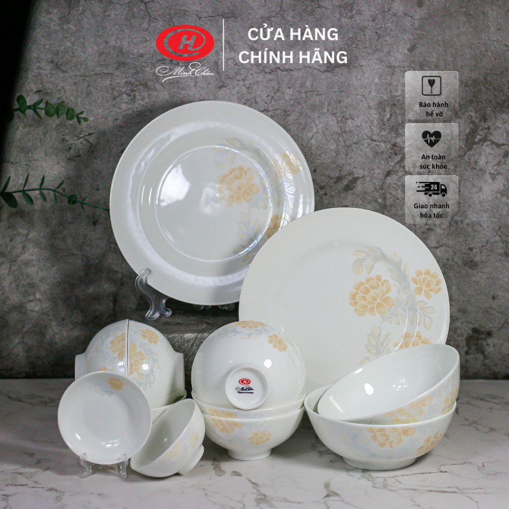 Bộ bát đĩa sứ xương hoa 12 món sứ Minh Châu - BoneBO12H