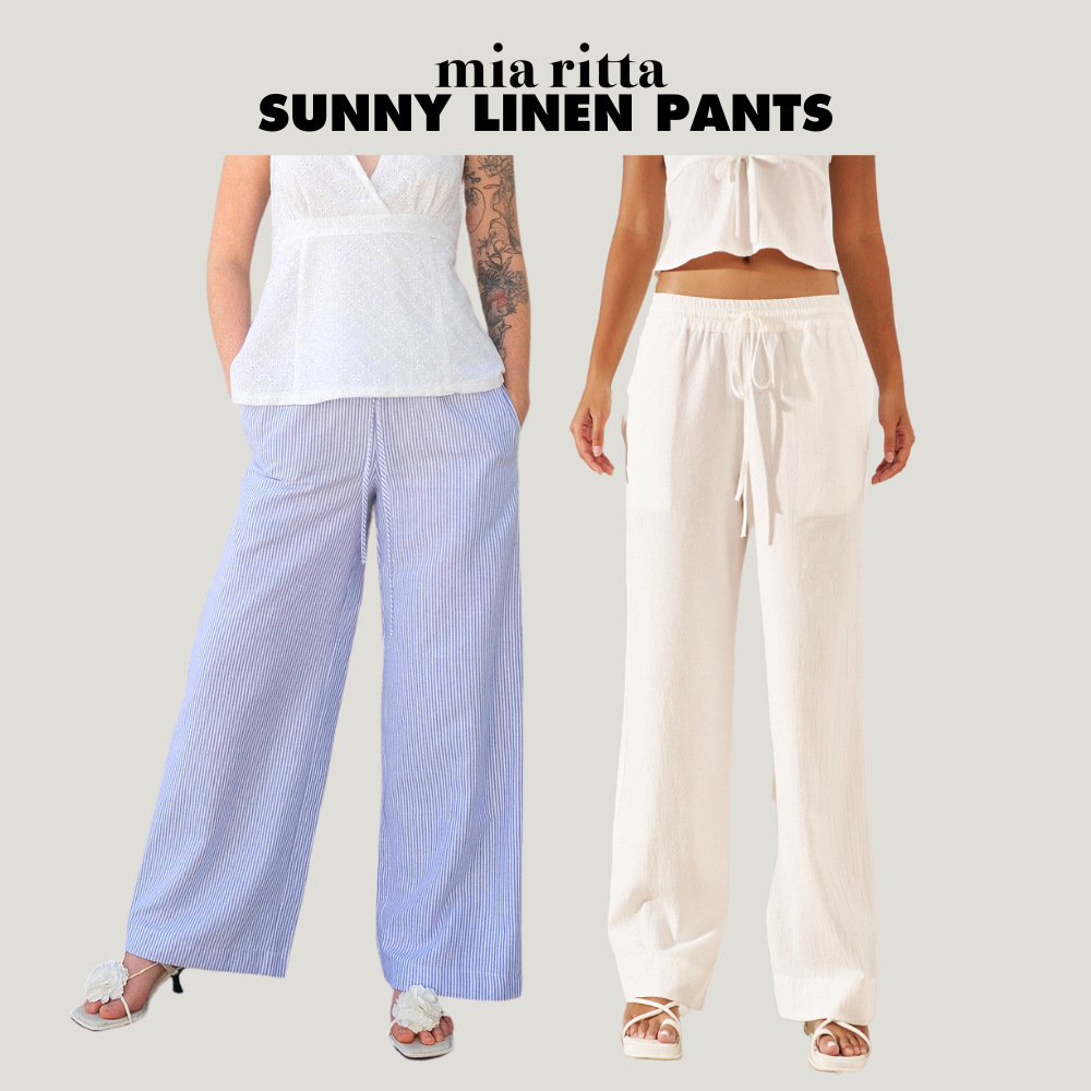 Quần dài Sunny Linen Pants Mia Ritta Q404 - Quần Linen trắng/kẻ xanh ống rộng cạp chun