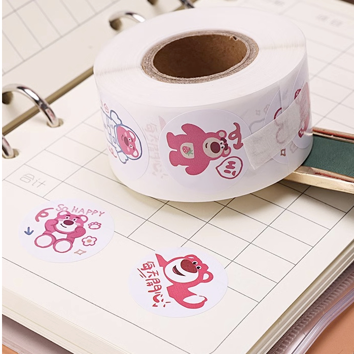Cuộn 500 sticker Gấu dâu Lotso, nhãn dán cảm ơn, niêm phong, tem tròn tiết dễ thương đáng yêu