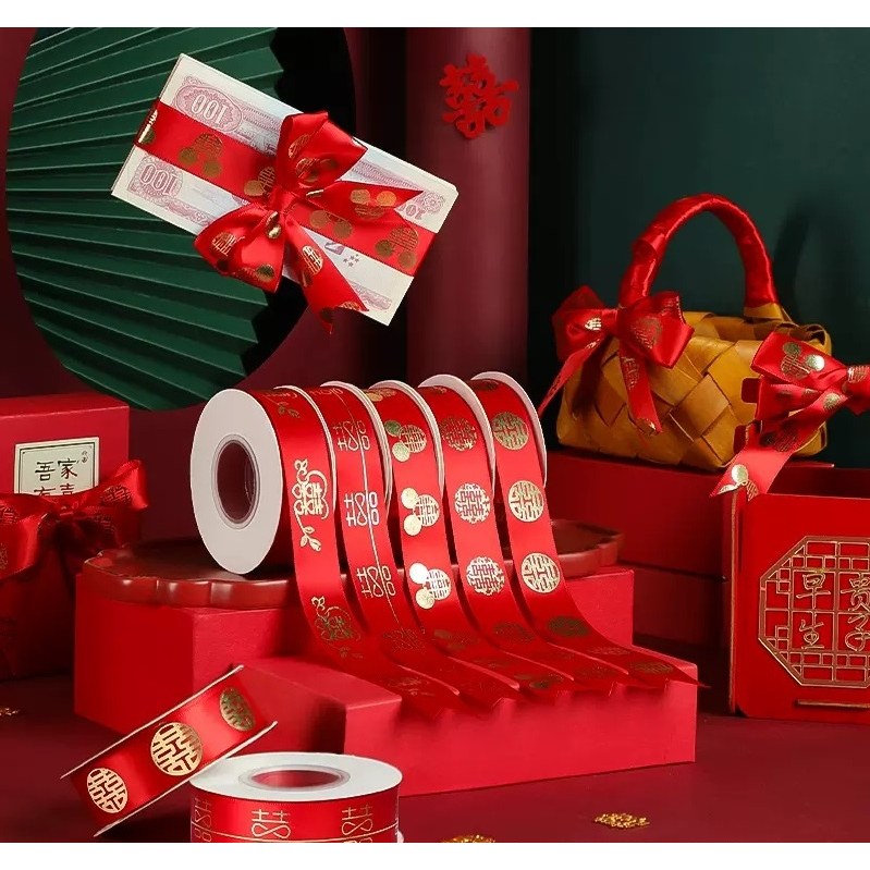 Cuộn Ruy Băng 25 mét Cao Cấp Vải Lụa đỏ bảng dày 1cm Trang Trí Tiệc gói quà