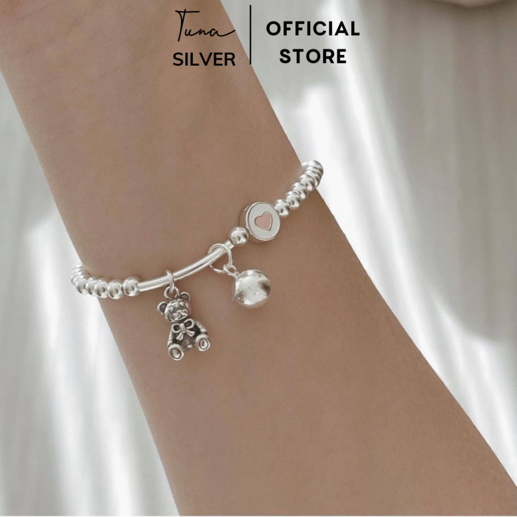 Lắc tay bạc nữ bi mix gấu chuông charm trái tim TUNASILVER