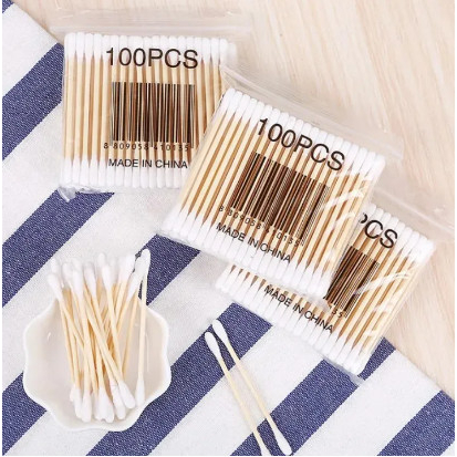 Túi 100 Que Tăm bông ngoáy tai thân gỗ 100% bông cotton tự nhiên An Toàn Với Môi Trường