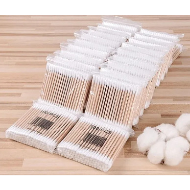 Túi 100 Que Tăm bông ngoáy tai thân gỗ 100% bông cotton tự nhiên An Toàn Với Môi Trường