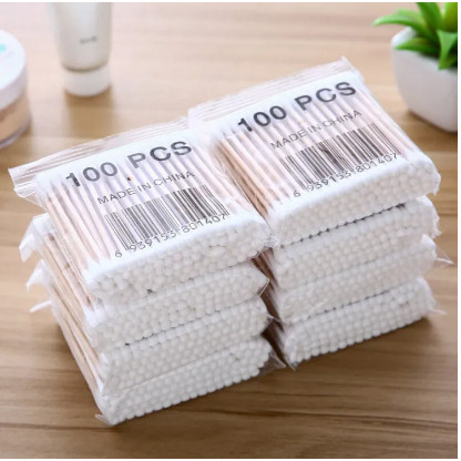 Túi 100 Que Tăm bông ngoáy tai thân gỗ 100% bông cotton tự nhiên An Toàn Với Môi Trường