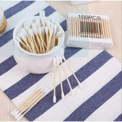Túi 100 Que Tăm bông ngoáy tai thân gỗ 100% bông cotton tự nhiên An Toàn Với Môi Trường